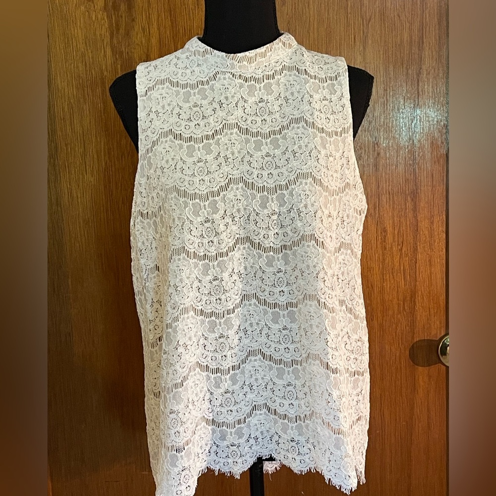 Rose + Olive , Lined Lace Overlay High Neck Tank Top